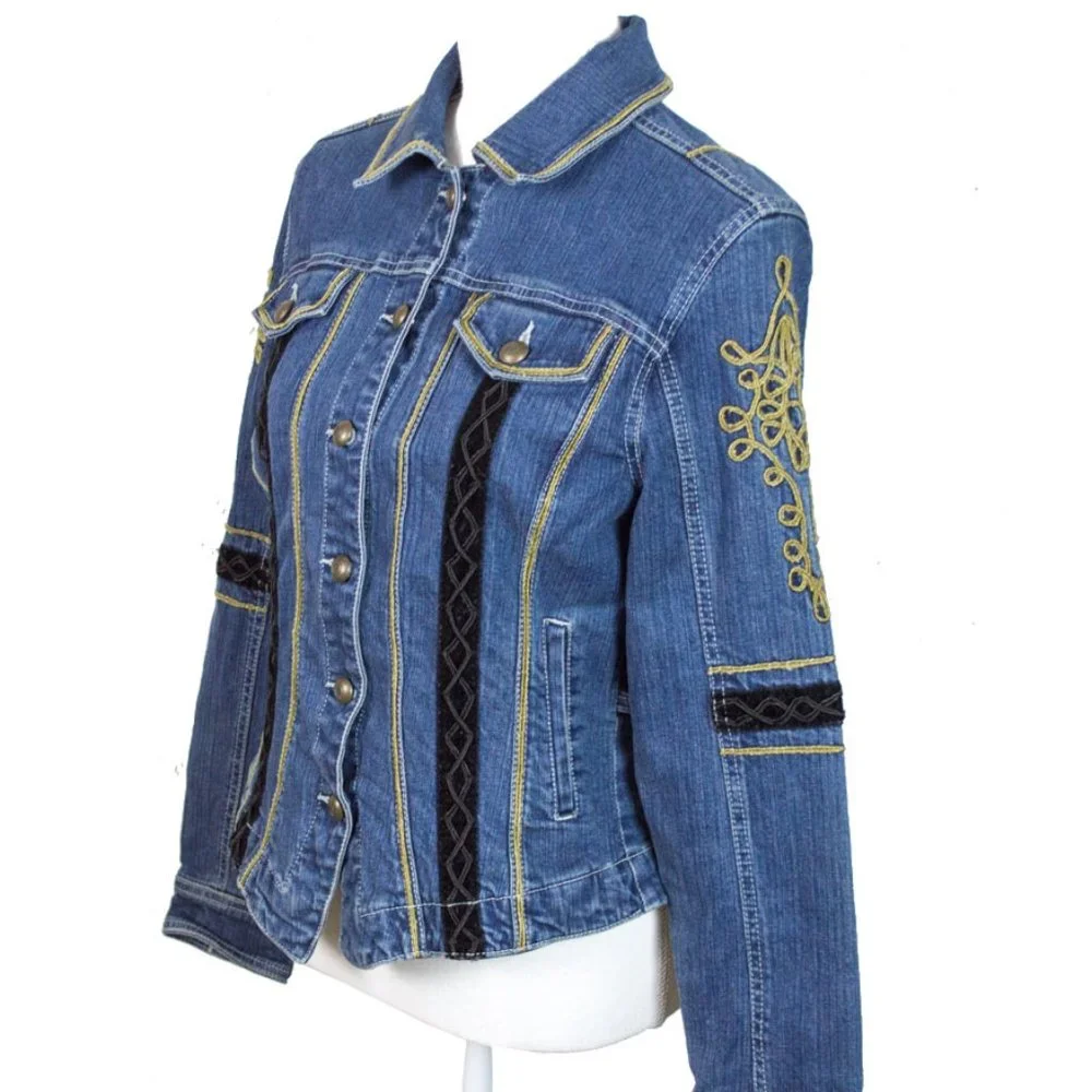 LIVE A LITTLE Blue Embroidery Embellished Long Sleeve Jean Jacket M - Picture 7 of 13